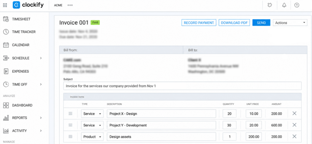 Clockify Invoice