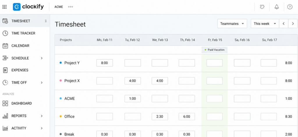Clockify Timesheet Feature